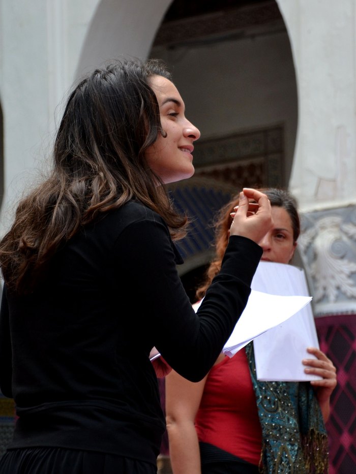 The storyteller Shahrazad in Tim Supple’s stage adaptation of the Thousand and One Nights, rehearsal in Fez, 2011. Actor: Adila Bendimerad. Photo: Sophie Austin.