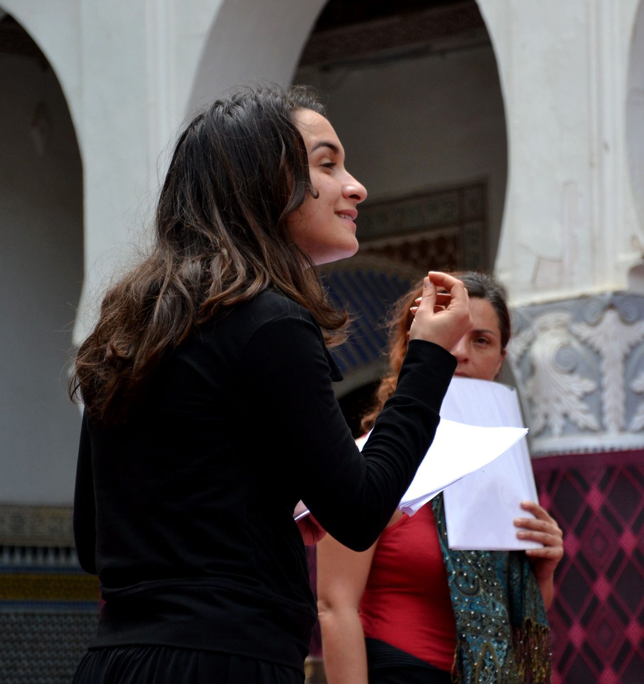 The storyteller Shahrazad in Tim Supple’s stage adaptation of the Thousand and One Nights, rehearsal in Fez, 2011. Actor: Adila Bendimerad. Photo: Sophie Austin.